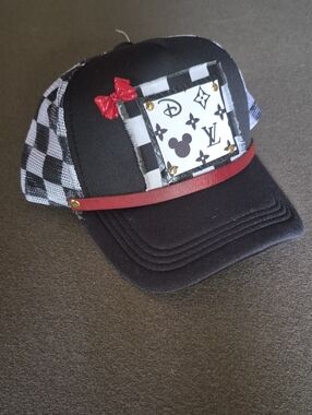 UPCYCLED Black/White  Checkered Mickey Mouse Trucker Hat with Red  Bow Accent